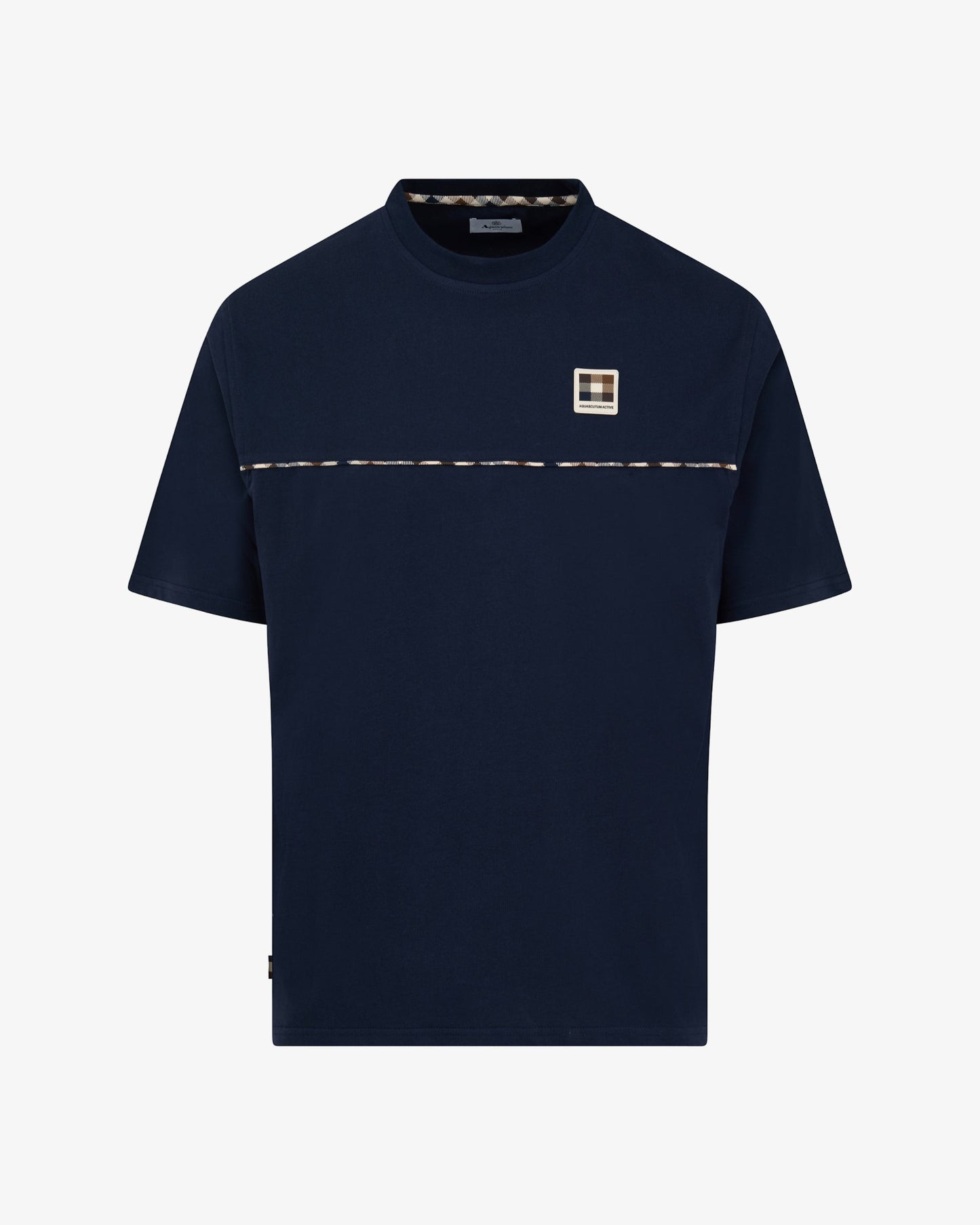 Aquascutum Mens Club Check Piping T-Shirt - Navy 11 | CHO | Designer Mens T-Shirts