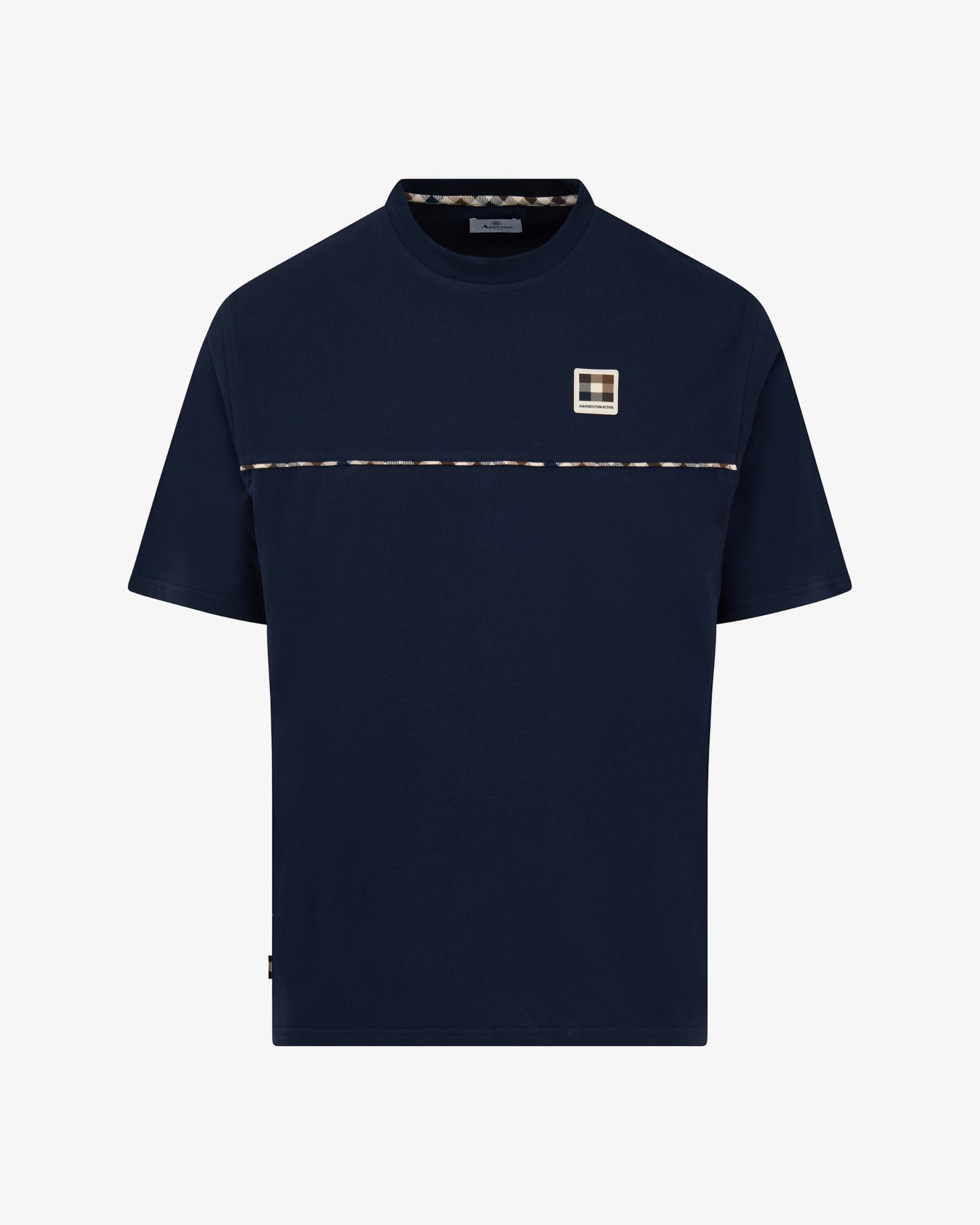 Aquascutum Mens Club Check Piping T-Shirt - Navy 11 | CHO | Designer Mens T-Shirts