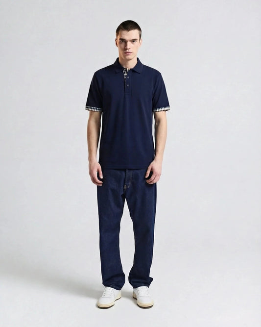 Aquascutum Mens Club Check Stretch Piquet Sleeves Polo Shirt - Navy 11