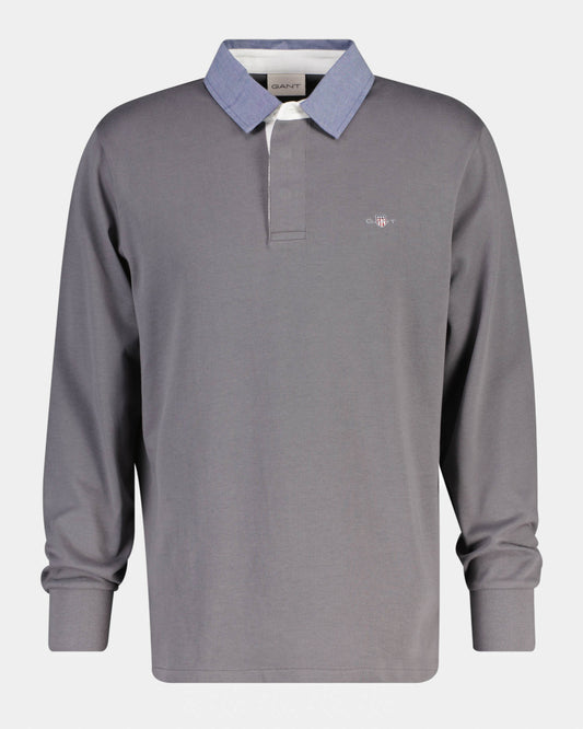 GANT Mens Regular Fit Chambray Heavy Rugger - 38 Mid Grey | CHO | Designer Mens Long Sleeve Polo Shirts