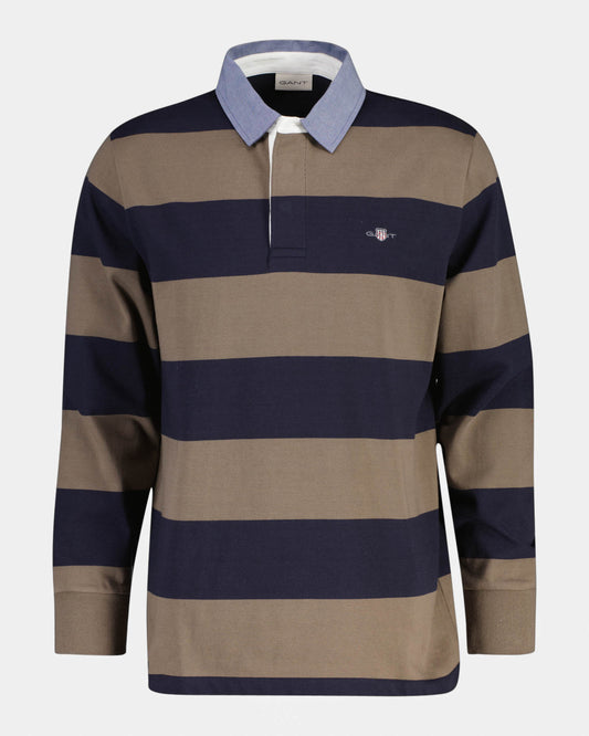 GANT Mens Regular Fit Chambray Stripe Heavy Rugger - 260 Faded Taupe | CHO | Designer Mens Long Sleeve Polo Shirts