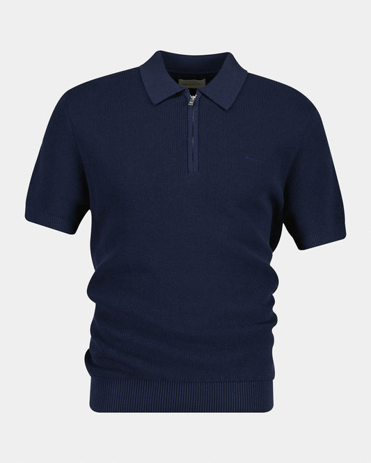 GANT Mens Cotton Rib Half Zip Polo Shirt - 433 Evening Blue | CHO | Designer Mens Short Sleeve Polo Shirts