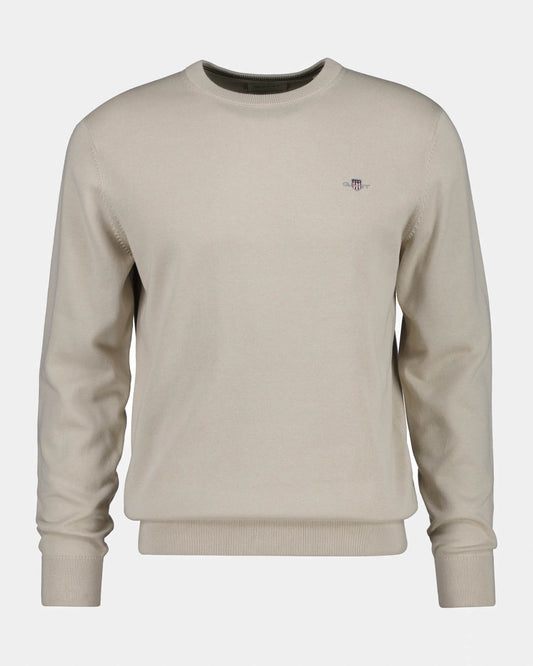GANT Mens Classic Cotton Shield Logo Crew Neck Jumper - 215 Clay Beige | CHO | Designer Mens Crew Neck Jumpers
