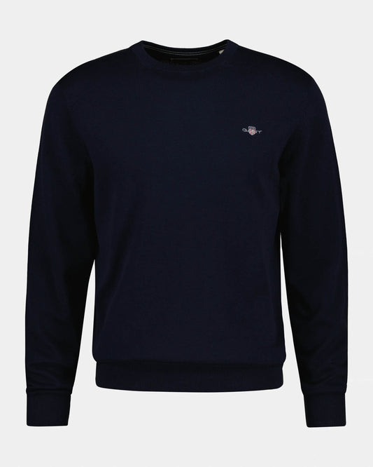 GANT Mens Classic Cotton Shield Logo Crew Neck Jumper - 433 Evening Blue | CHO | Designer Mens Crew Neck Jumpers