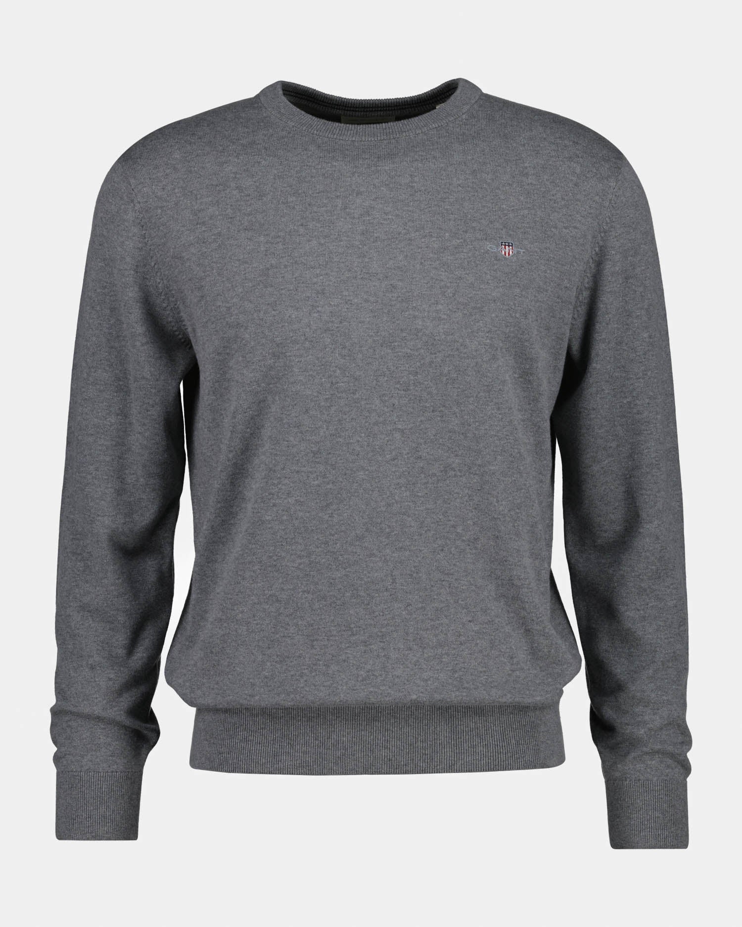 GANT Mens Classic Cotton Shield Logo Crew Neck Jumper - 92 Dark Grey Melange | CHO | Designer Mens Crew Neck Jumpers
