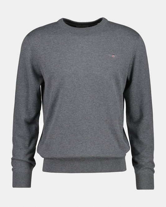 GANT Mens Classic Cotton Shield Logo Crew Neck Jumper - 92 Dark Grey Melange | CHO | Designer Mens Crew Neck Jumpers