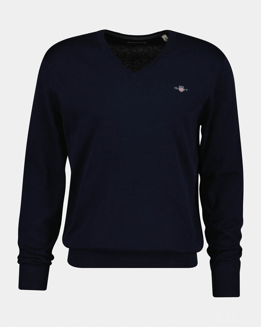 GANT Mens Classic Cotton Shield Logo V-Neck Jumper - 433 Evening Blue | CHO | Designer Mens V-Neck Jumpers