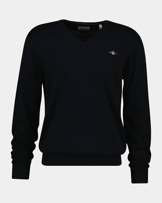 GANT Mens Classic Cotton Shield Logo V-Neck Jumper - 5 Black | CHO | Designer Mens V-Neck Jumpers