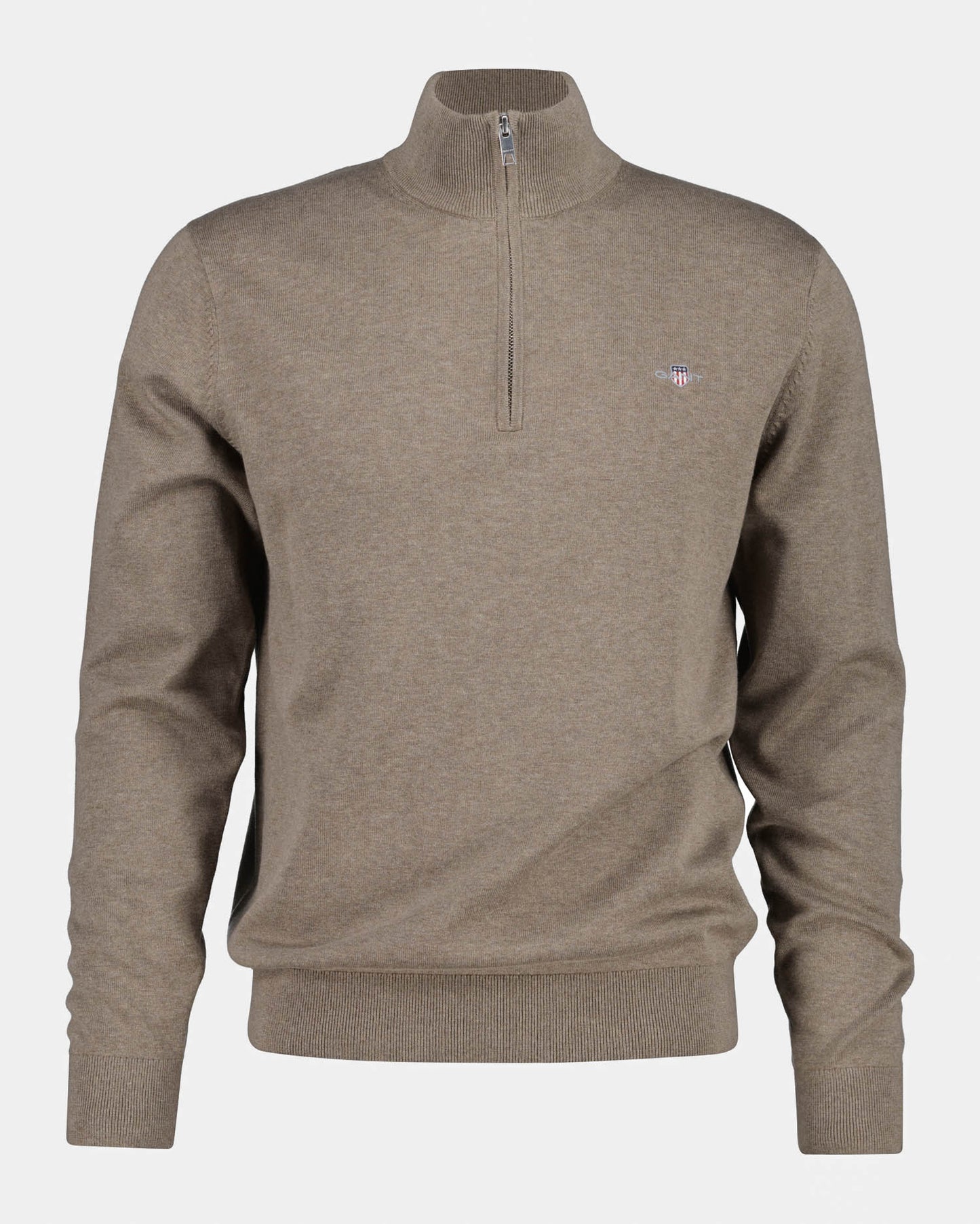 GANT Mens Classic Cotton Shield Logo Half Zip Jumper - 294 Dark Hazelnut Melange | CHO | Designer Mens Quarter Zip Jumpers
