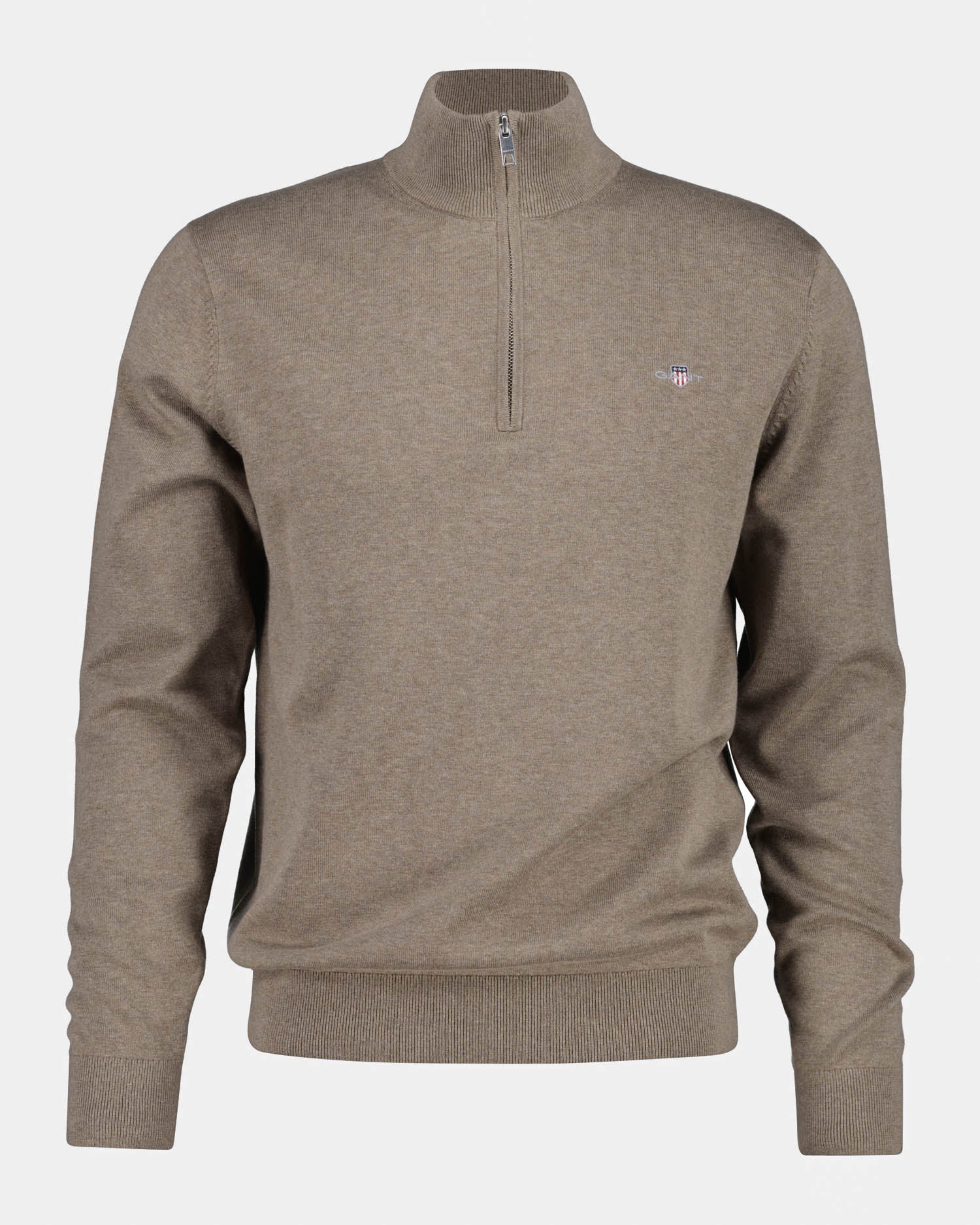 GANT Mens Classic Cotton Shield Logo Half Zip Jumper - 294 Dark Hazelnut Melange | CHO | Designer Mens Quarter Zip Jumpers