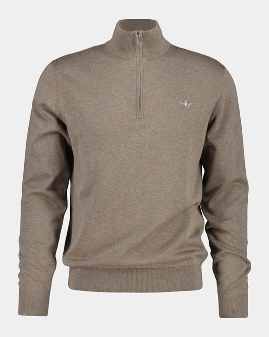 GANT Mens Classic Cotton Shield Logo Half Zip Jumper - 294 Dark Hazelnut Melange | CHO | Designer Mens Quarter Zip Jumpers