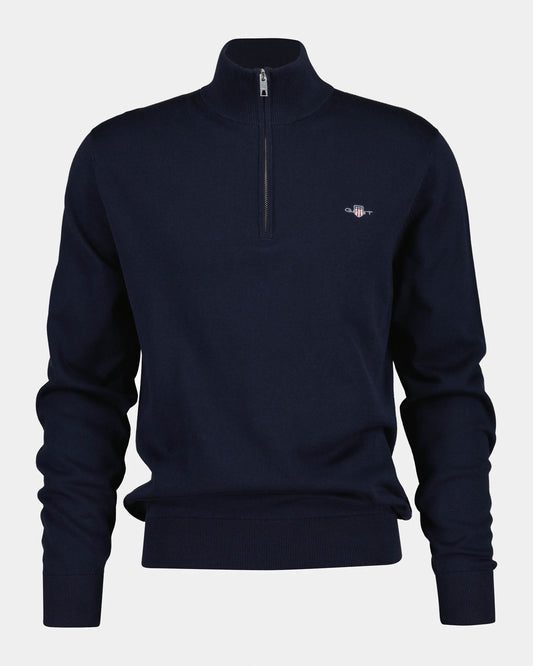 GANT Mens Classic Cotton Shield Logo Half Zip Jumper - 433 Evening Blue | CHO | Designer Mens Quarter Zip Jumpers
