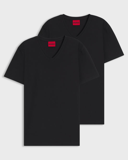 HUGO - V 2 - Pack Mens V - Neck T - Shirts in Stretch Cotton - Black 001 | CHO | Designer Mens Short Sleeve Polo Shirts