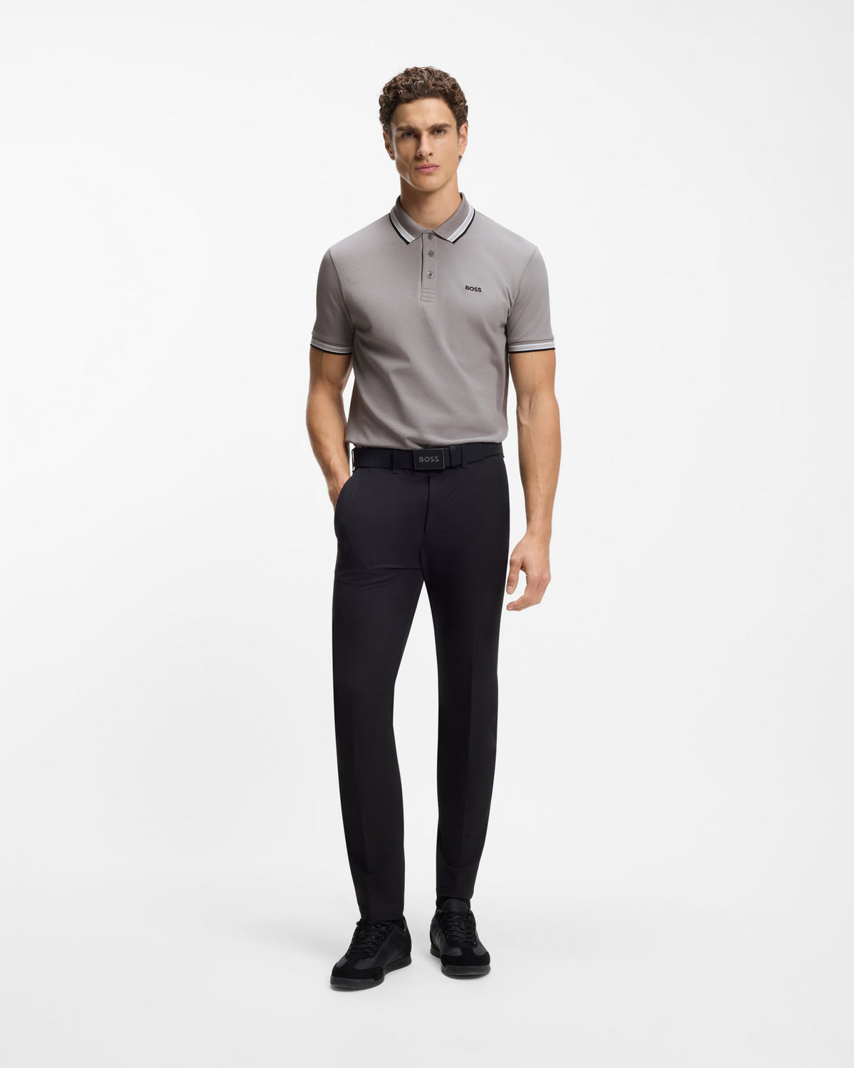 BOSS Green Paddy Mens Cotton-Piqué Polo Shirt with Contrast Logo - Open Grey 068 full length front