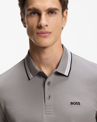 BOSS Green Paddy Mens Cotton-Piqué Polo Shirt with Contrast Logo - Open Grey 068 detail