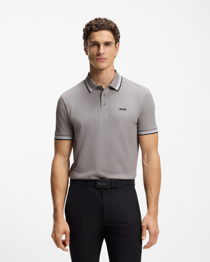 BOSS Green Paddy Mens Cotton-Piqué Polo Shirt with Contrast Logo - Open Grey 068 front