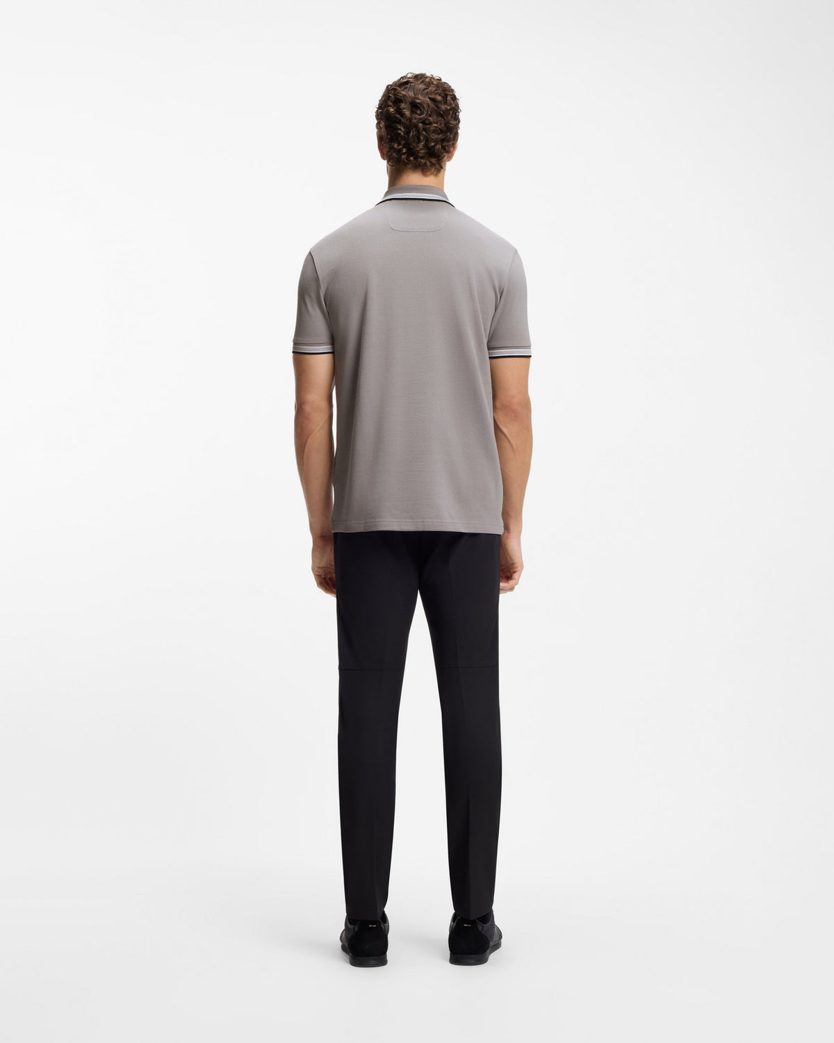 BOSS Green Paddy Mens Cotton-Piqué Polo Shirt with Contrast Logo - Open Grey 068 full length back