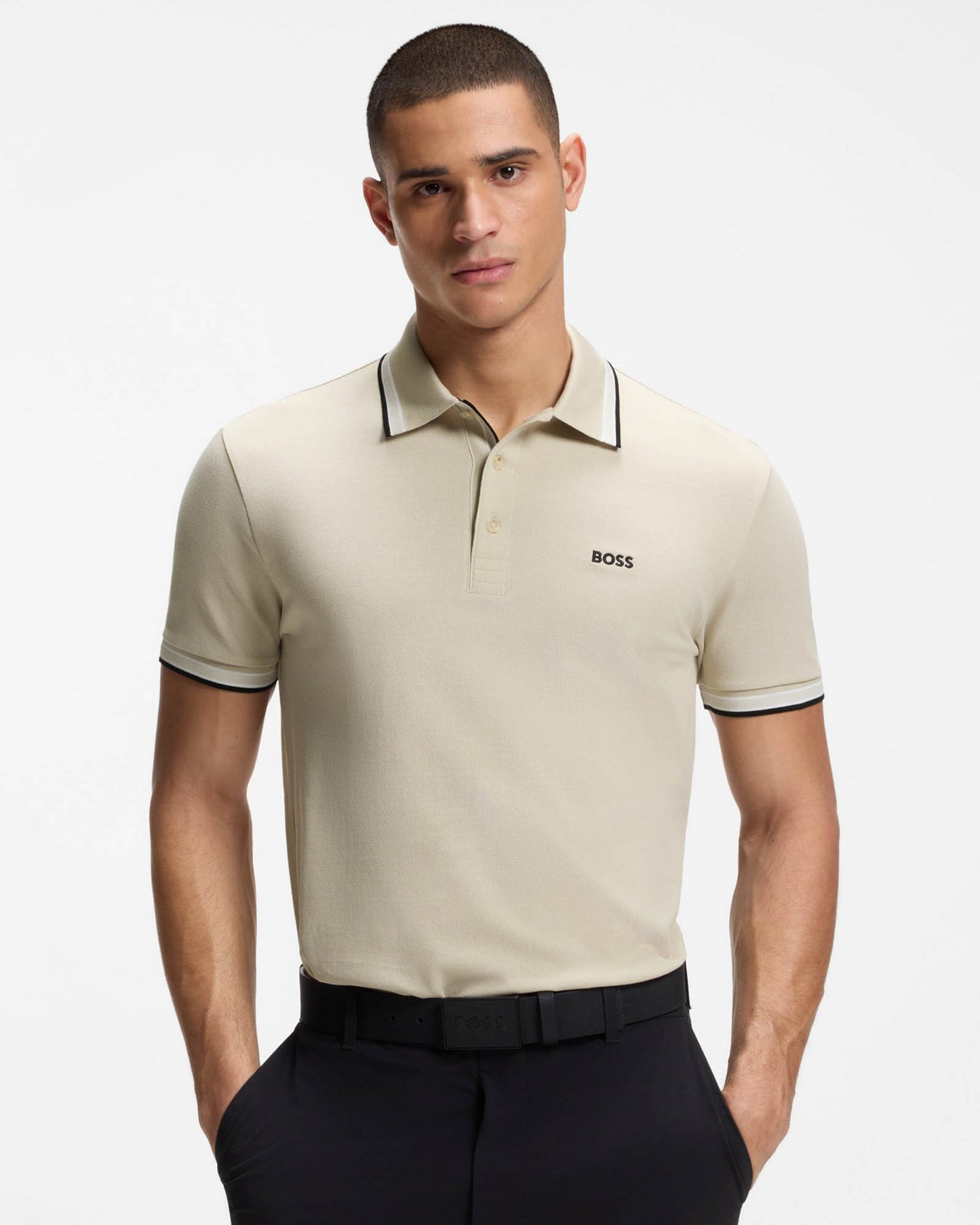 BOSS Green Paddy Mens Cotton-Piqué Polo Shirt with Contrast Logo - Light Beige 276