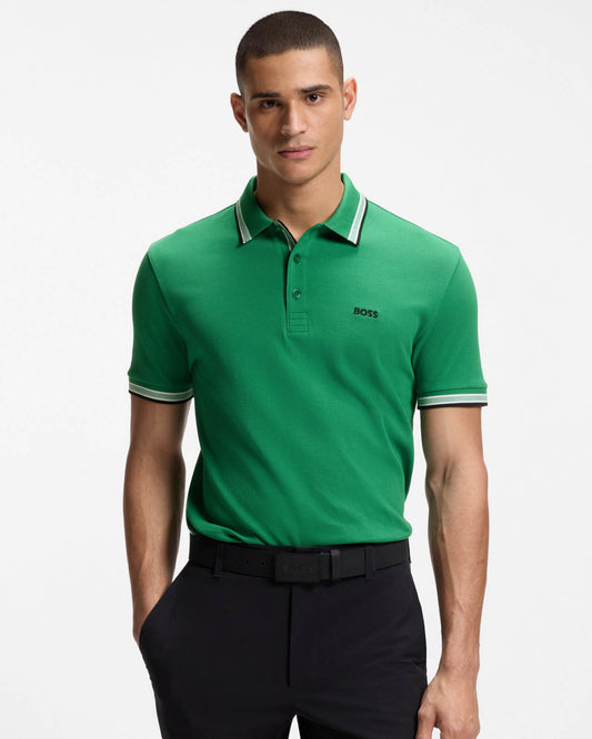 BOSS Green Paddy Mens Cotton-Piqué Polo Shirt with Contrast Logo - Bright Green 320