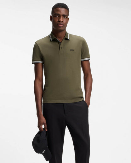 BOSS Green Paddy Mens Cotton - Piqué Polo Shirt with Contrast Logo - Open Green 398 | CHO | Designer Mens Short Sleeve Polo Shirts