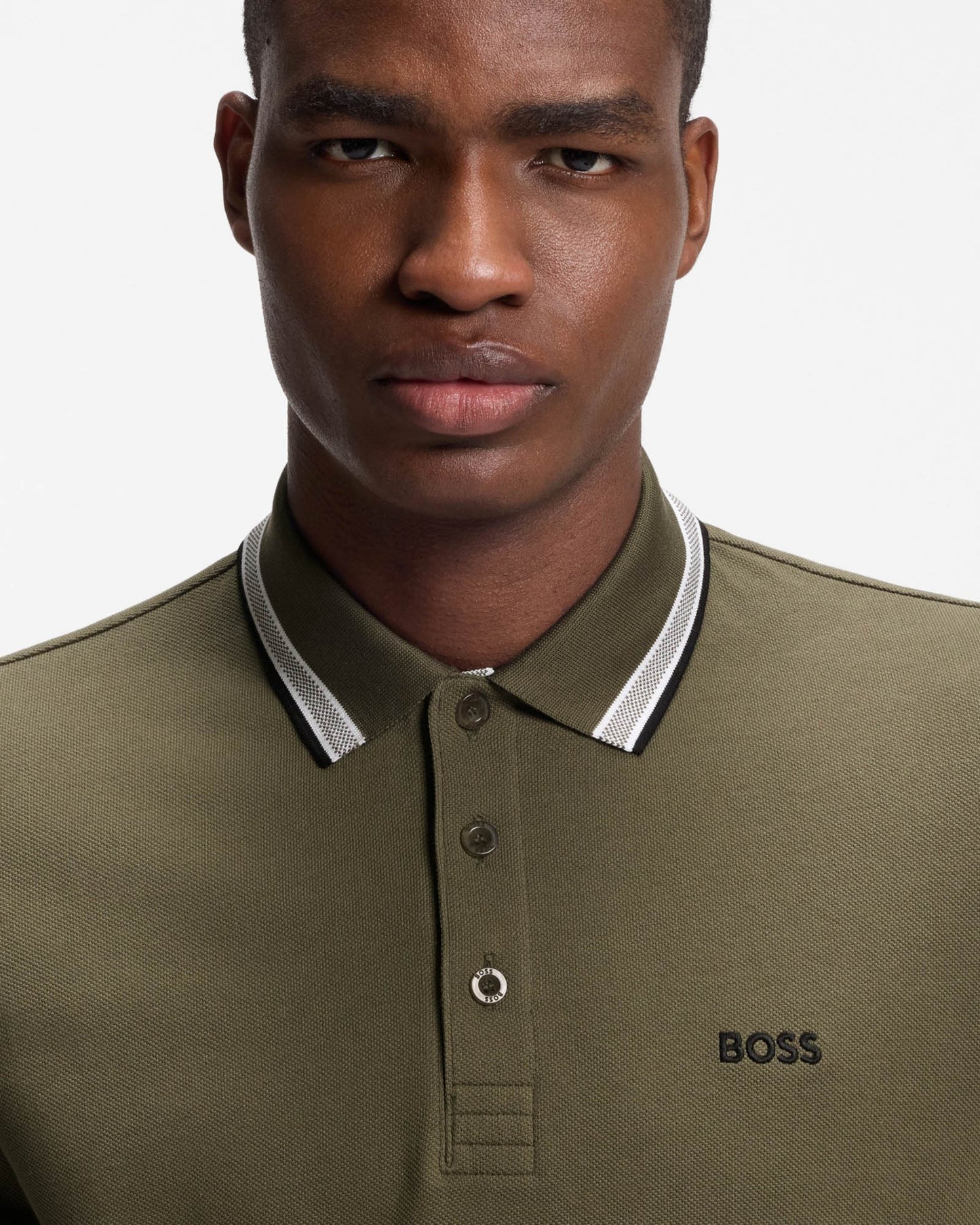 BOSS Green Paddy Mens Cotton - Piqué Polo Shirt with Contrast Logo - Open Green 398 | CHO | Designer Mens Short Sleeve Polo Shirts