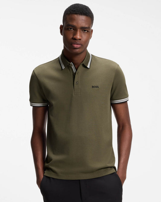 BOSS Green Paddy Mens Cotton-Piqué Polo Shirt with Contrast Logo - Open Green 398