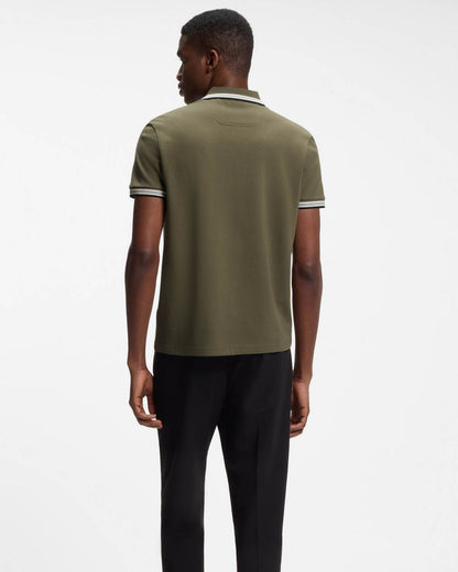 BOSS Green Paddy Mens Cotton - Piqué Polo Shirt with Contrast Logo - Open Green 398 | CHO | Designer Mens Short Sleeve Polo Shirts