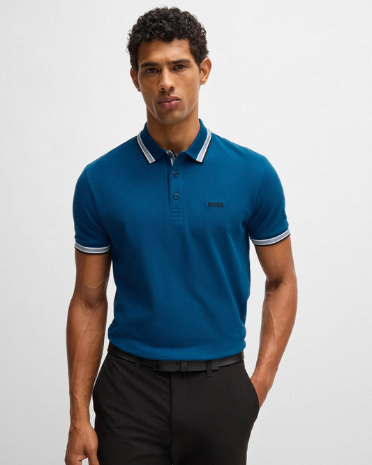 BOSS Green Paddy Mens Cotton-Piqué Polo Shirt with Contrast Logo - Open Blue 494