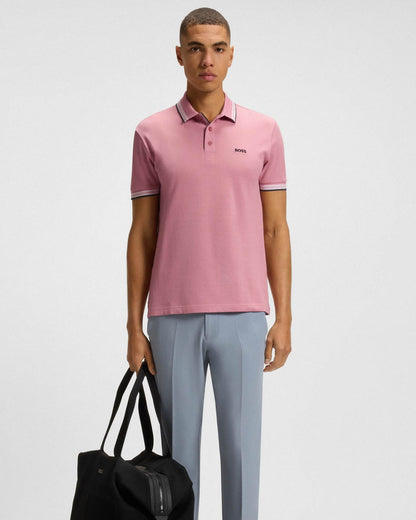 BOSS Green Paddy Mens Cotton-Piqué Polo Shirt with Contrast Logo - Open Pink 696