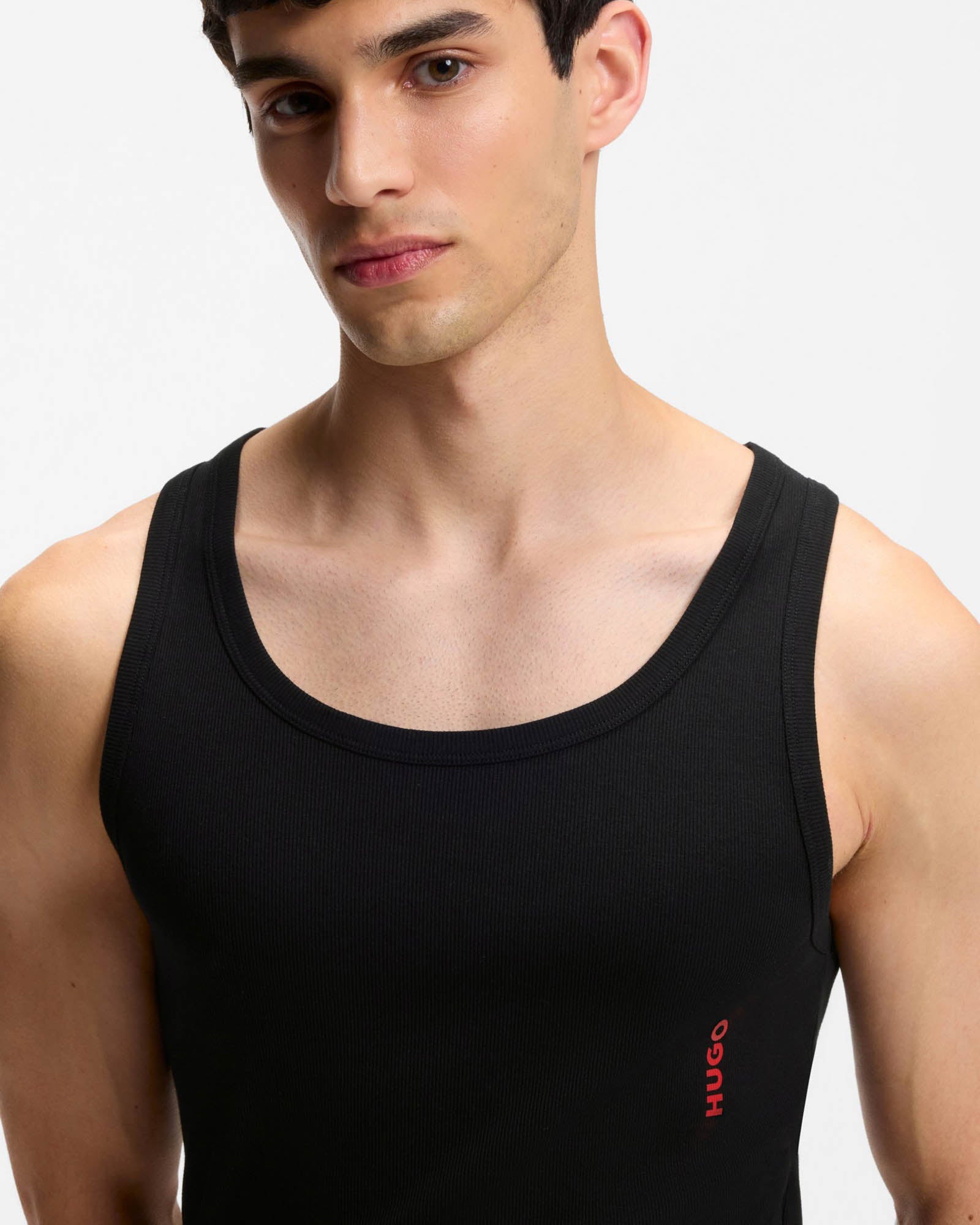 HUGO Two - Pack Mens Underwear Vests in Ribbed Stretch Cotton - Black 001 | CHO | Designer Mens,Underwear & Socks,Underwear,Mens,Underwear & Socks