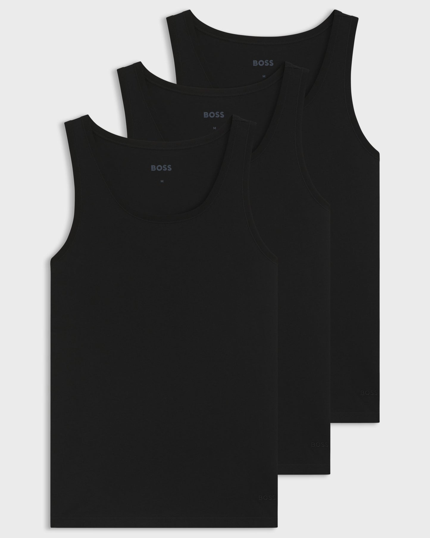 BOSS Orange TankTop Classic Mens 3 Pack Cotton Underwear Vests with Embroidered Logos - Black 001, flat lay of all 3