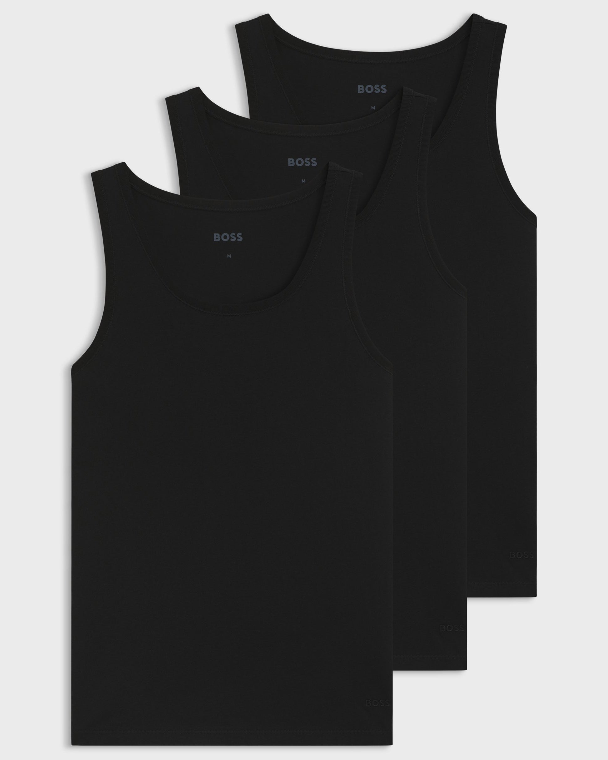 BOSS Orange TankTop Classic Mens 3 Pack Cotton Underwear Vests with Embroidered Logos - Black 001, flat lay of all 3