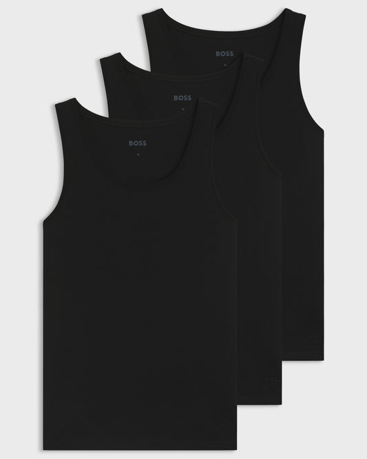 BOSS Orange TankTop Classic Mens 3 Pack Cotton Underwear Vests with Embroidered Logos - Black 001, flat lay of all 3