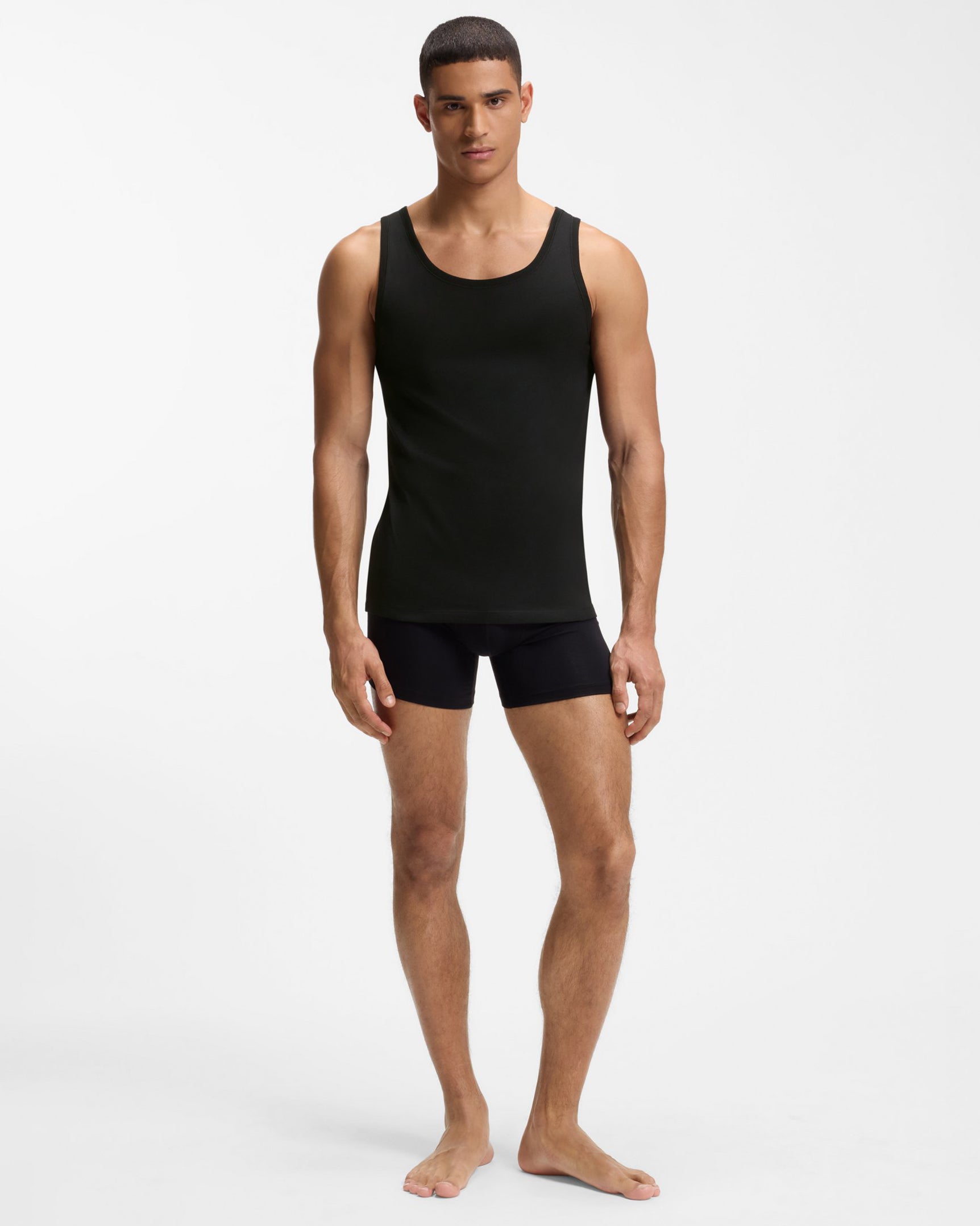 BOSS Orange TankTop Classic Mens 3 Pack Cotton Underwear Vests with Embroidered Logos - Black 001, full length