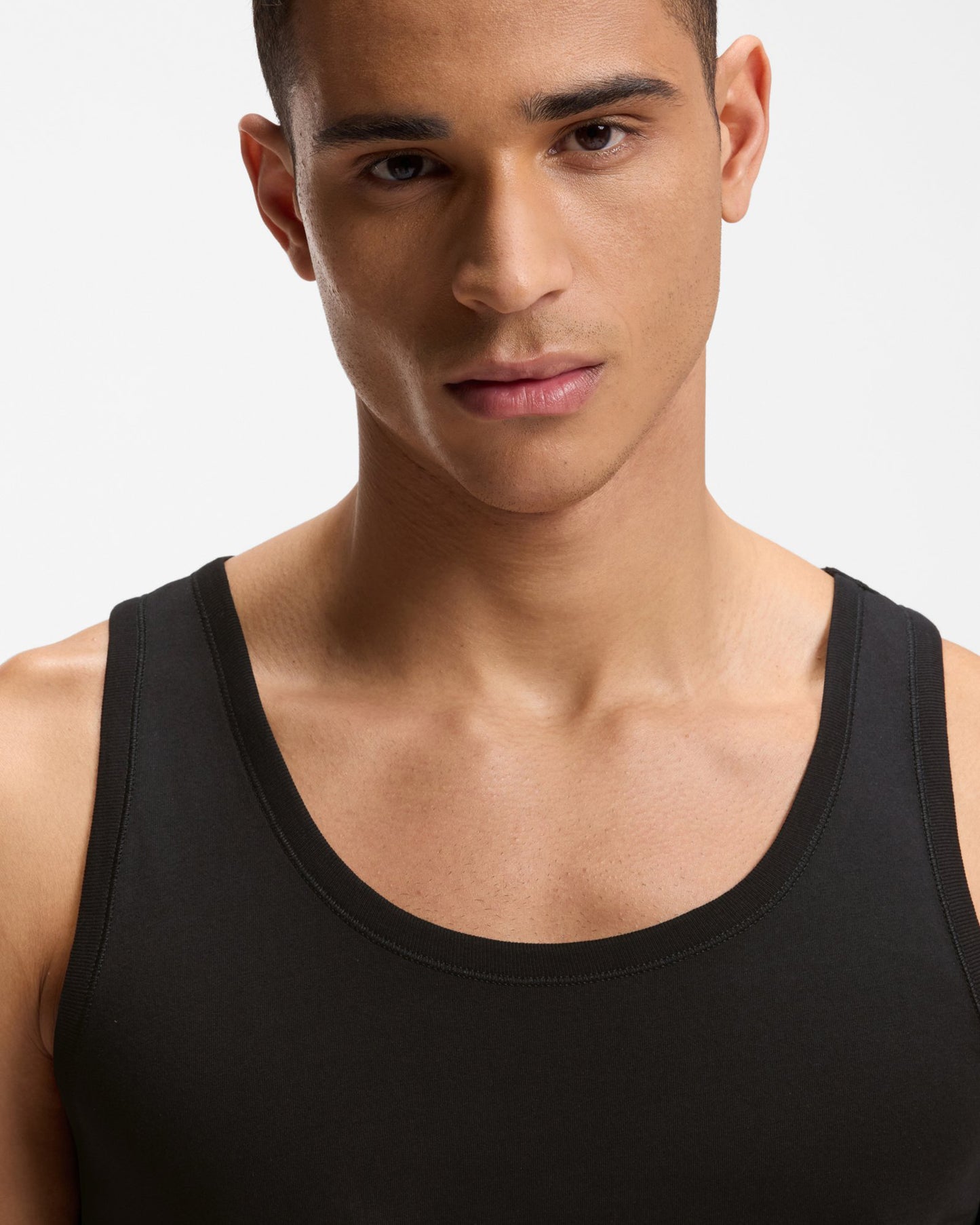 BOSS Orange TankTop Classic Mens 3 Pack Cotton Underwear Vests with Embroidered Logos - Black 001, close up 