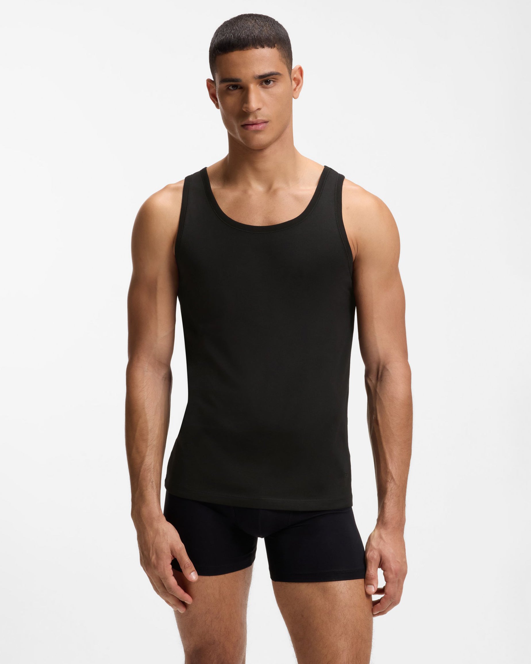 BOSS Orange TankTop Classic Mens 3 Pack Cotton Underwear Vests with Embroidered Logos - Black 001, front