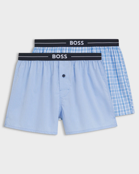 BOSS Orange Boxer 2 - Pack Mens Cotton Pyjama Shorts with Logo Waistbands - Open Blue 471 | CHO | Designer Mens Shorts