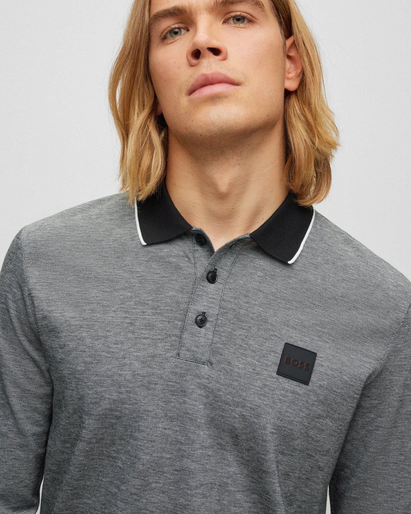 BOSS Orange Peoxfordlong Mens Long Sleeve Pique Polo Shirt - Grey 090 - CHO - Designer Mens Polo Shirts