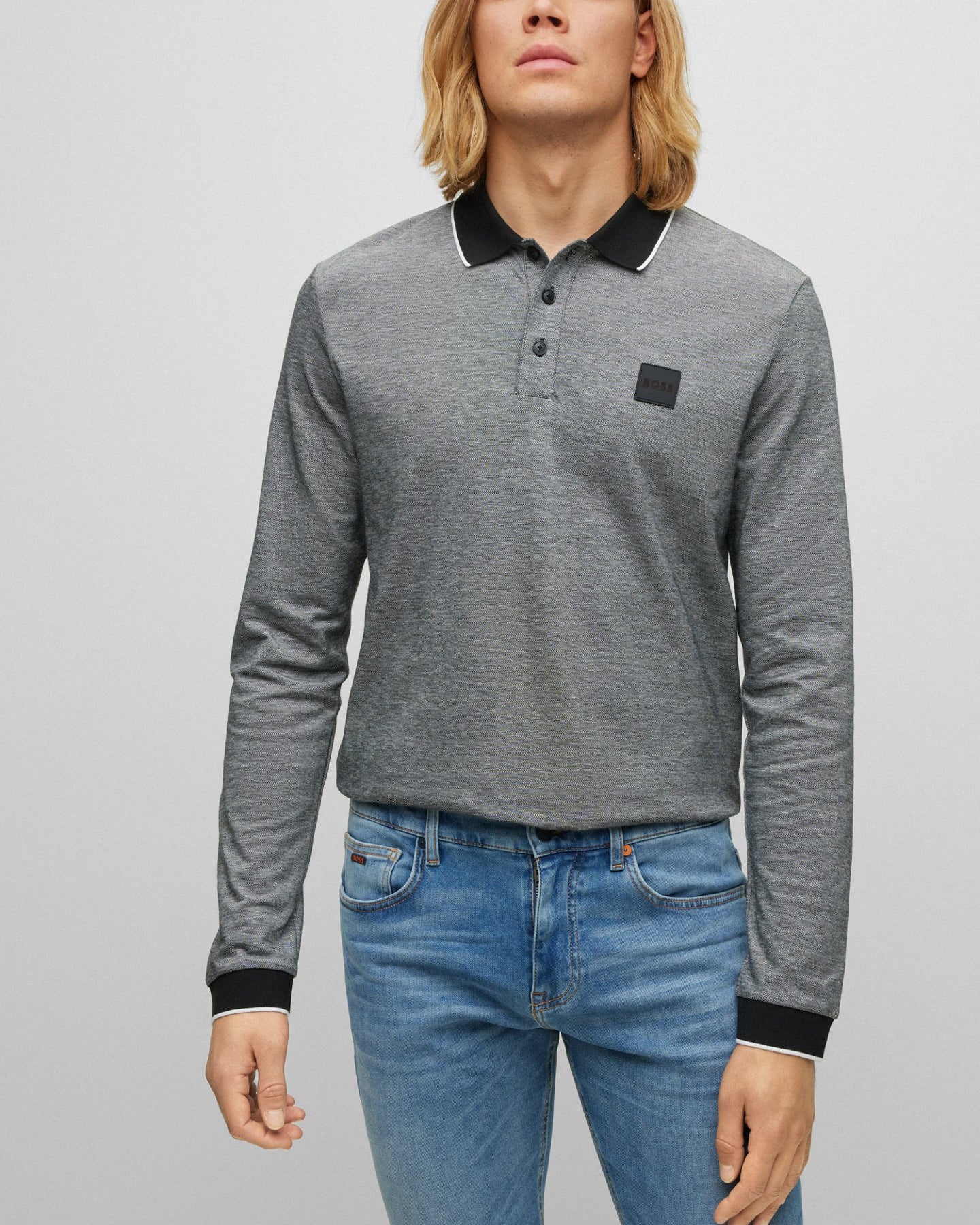 BOSS Orange Peoxfordlong Mens Long Sleeve Pique Polo Shirt - Grey 090 - CHO - Designer Mens Polo Shirts