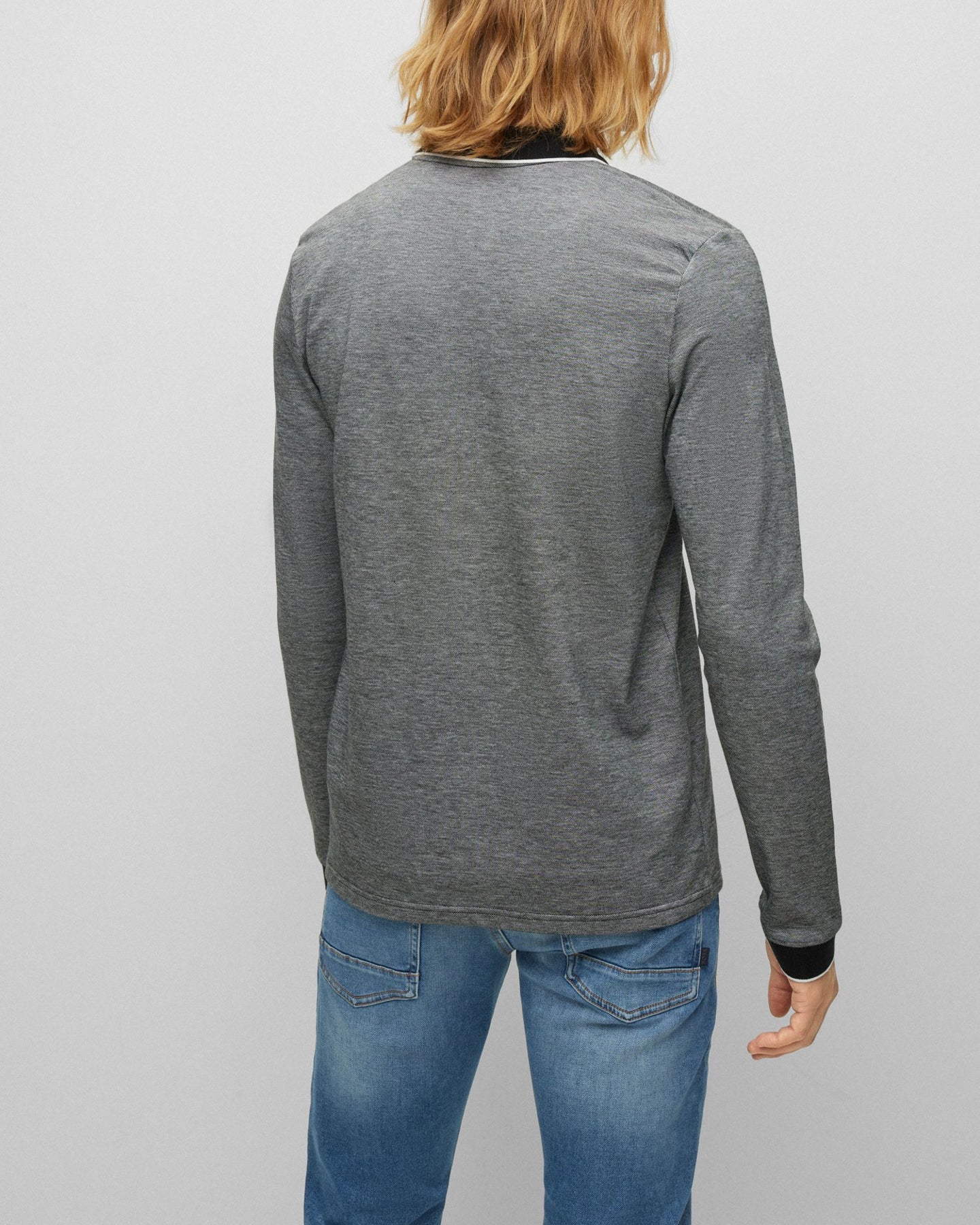 BOSS Orange Peoxfordlong Mens Long Sleeve Pique Polo Shirt - Grey 090 - CHO - Designer Mens Polo Shirts