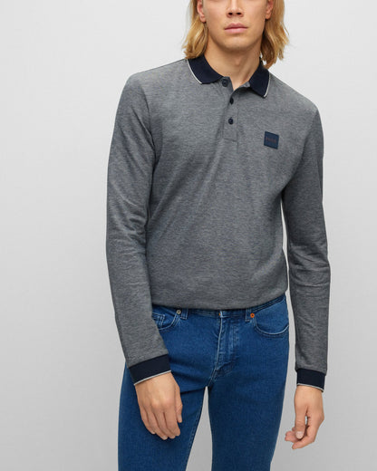 BOSS Orange Peoxfordlong Mens Long Sleeve Pique Polo Shirt - Grey 090 - CHO - Designer Mens Polo Shirts