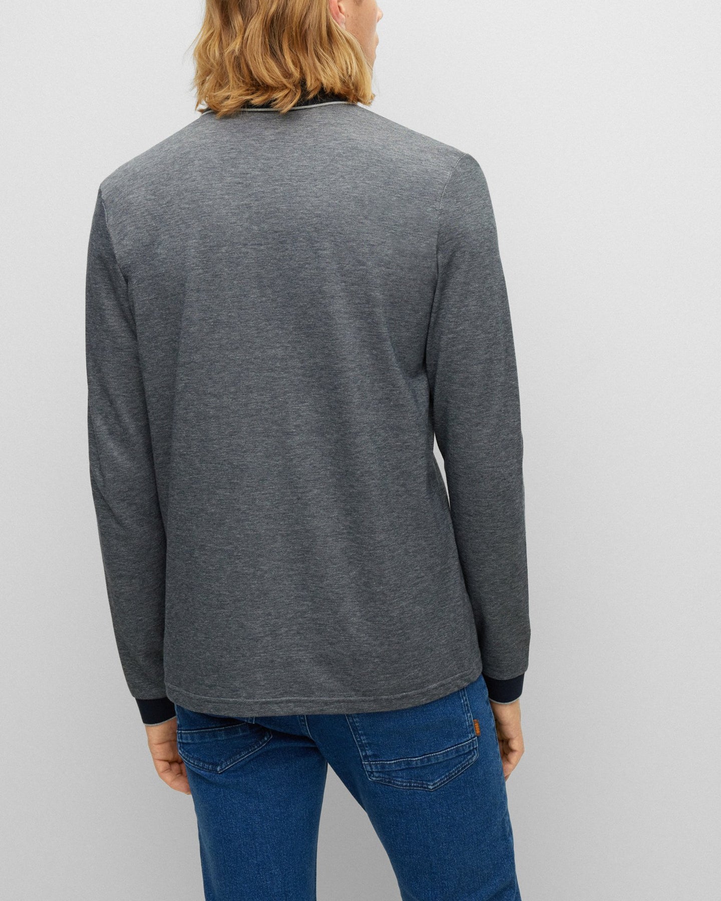 BOSS Orange Peoxfordlong Mens Long Sleeve Pique Polo Shirt - Grey 090 - CHO - Designer Mens Polo Shirts