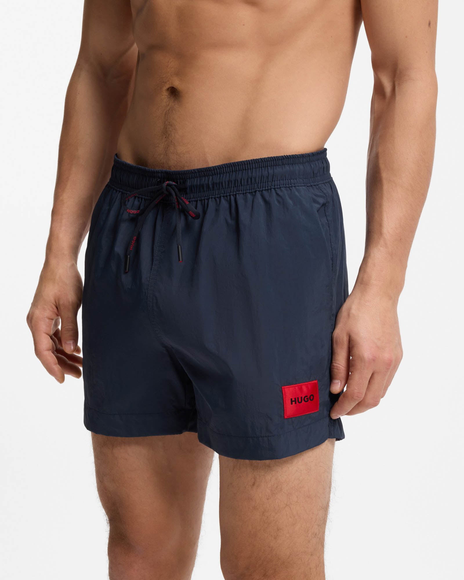 HUGO Dominica Mens Quick-Drying Swim Shorts In Recycled Material With Logo - Navy 410 | CHO | Designer Mens Shorts