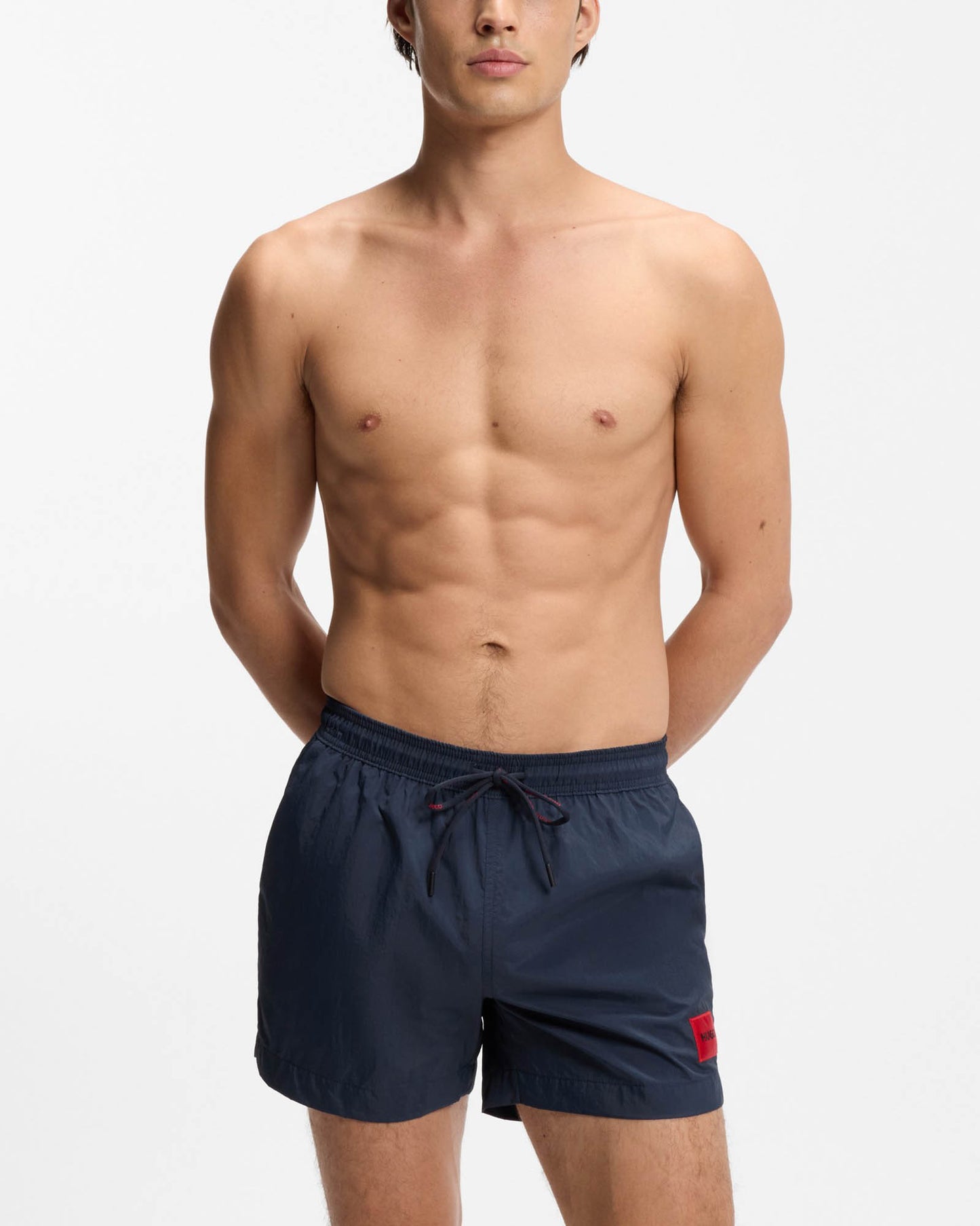 HUGO Dominica Mens Quick-Drying Swim Shorts In Recycled Material With Logo - Navy 410 | CHO | Designer Mens Shorts