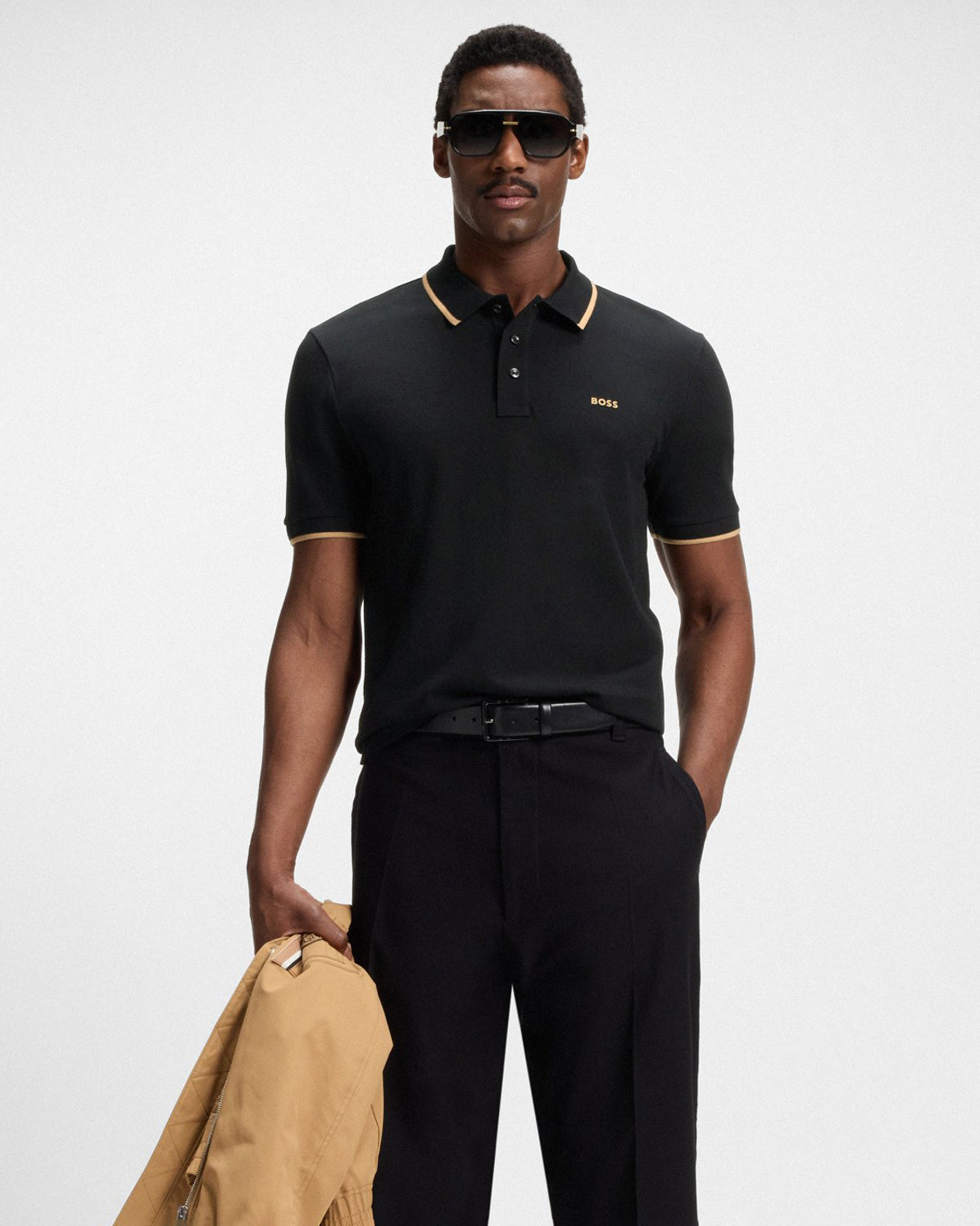 BOSS Orange Parlay 190 Mens Cotton-Piqué Polo Shirt with Contrast Tipping - Black - CHO - Designer Mens Polo Shirts
