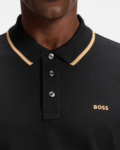 BOSS Orange Parlay 190 Mens Cotton-Piqué Polo Shirt with Contrast Tipping - Black - CHO - Designer Mens Polo Shirts