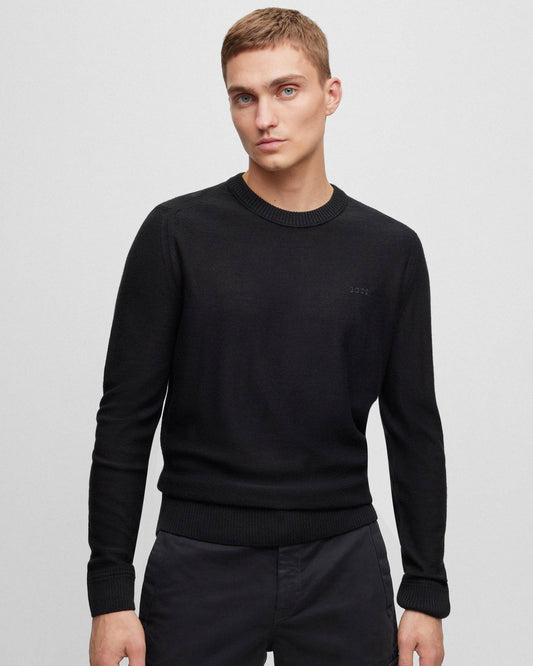 BOSS Orange Avac C Mens Wool Blend Regular Fit Sweater with Embroidered Logo  - Black 001
