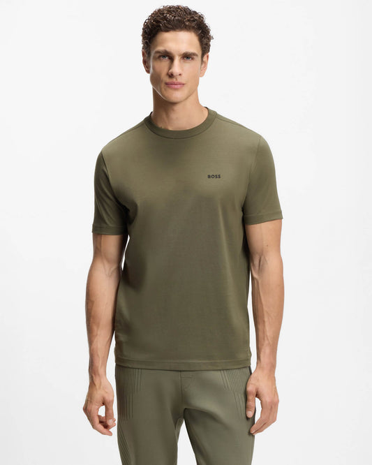 BOSS Green Tee Mens Stretch Cotton T - Shirt with Contrast Logo - Olive 257 | CHO | Designer Mens Logo T - Shirts