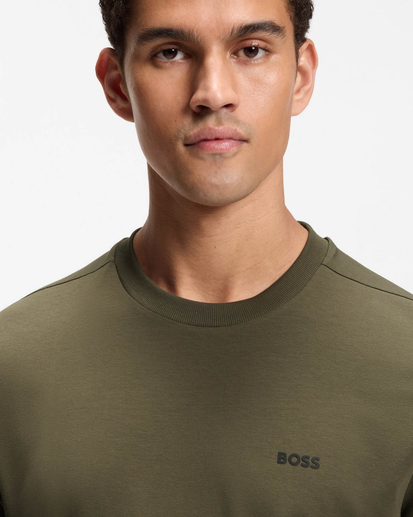 BOSS Green Tee Mens Stretch Cotton T - Shirt with Contrast Logo - Open Green 398 | CHO | Designer Mens Logo T - Shirts