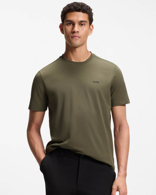 BOSS Green Tee Mens Stretch Cotton T-Shirt with Contrast Logo - Open Green 398